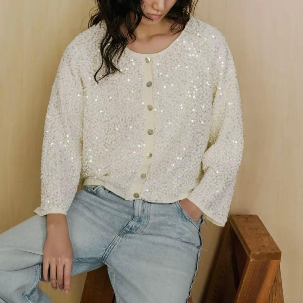ZARA SEQUIN KNIT CARDIGAN BOAT NECK BUTTON FRONT NWT SIZE L - Picture 7 of 10